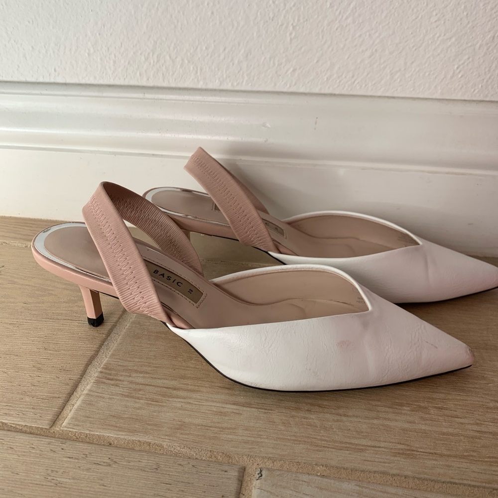 Zara white and nude kitten heel slingback sz 38